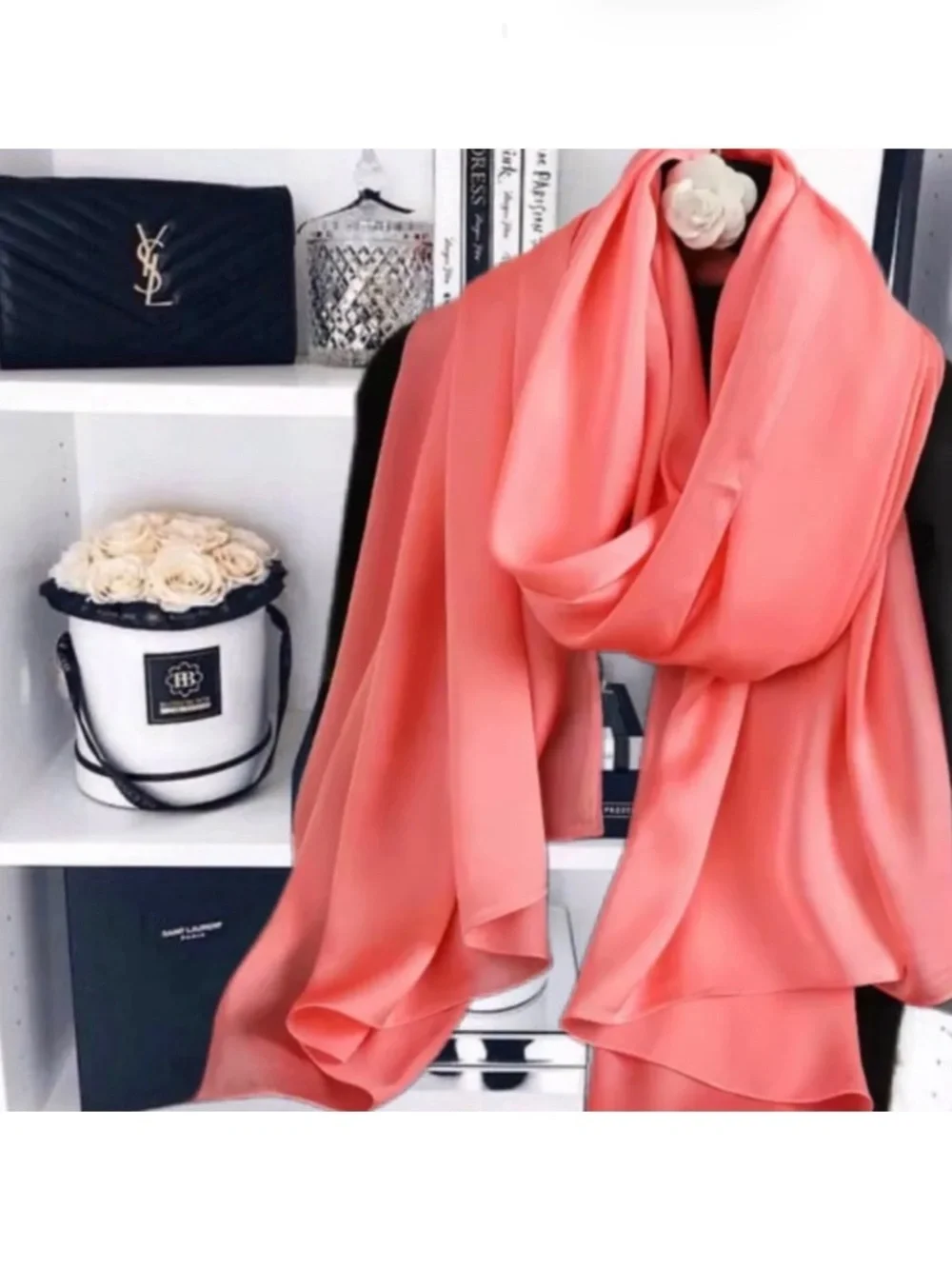 Coral Pink Red 100% SILK SATIN Large Shawl Scarf Wrap Wedding Bridesmaid CoverUp